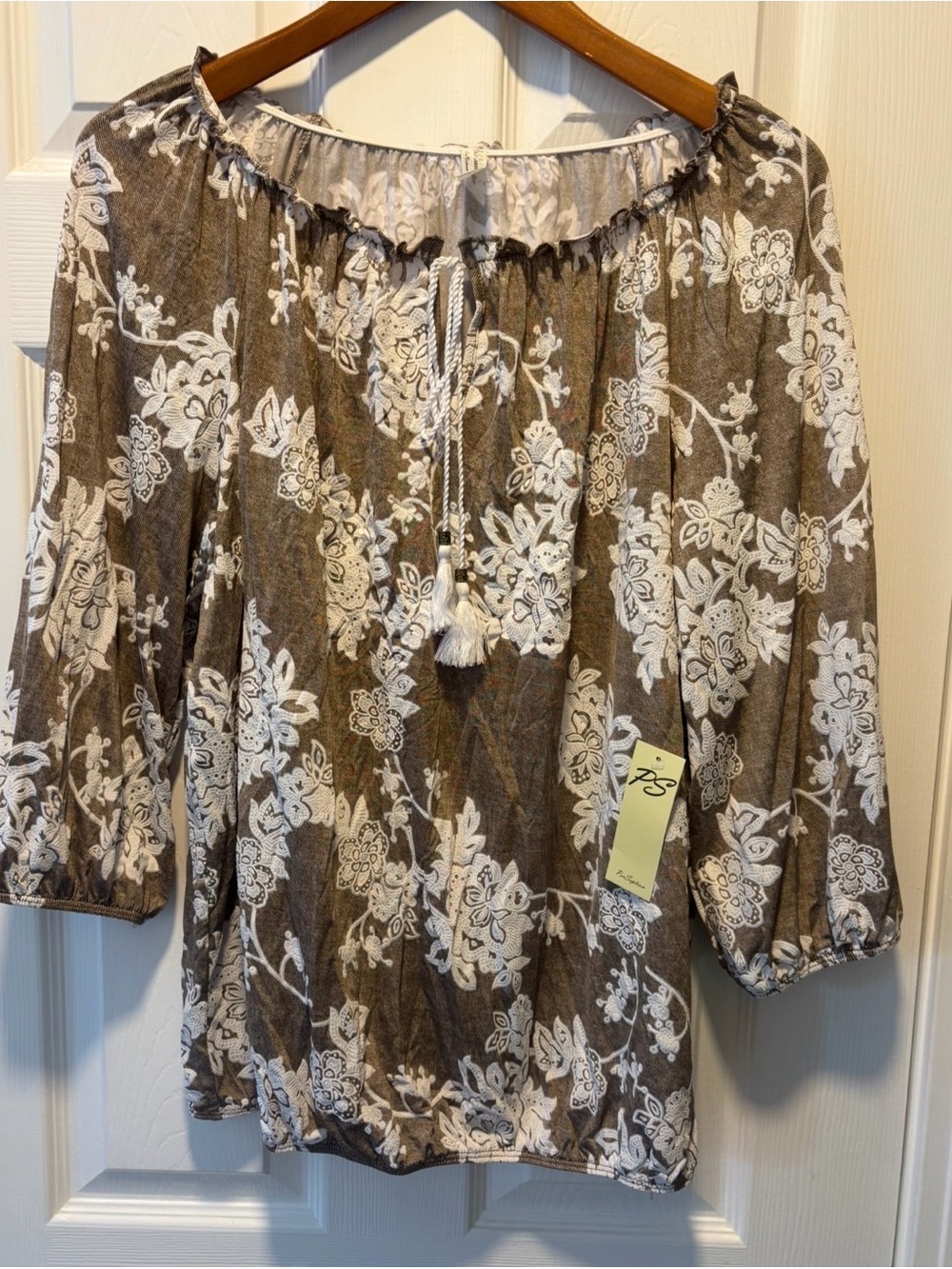 PerSeption Concept Brown and White Floral Peasant Tunic with Tassel Tie